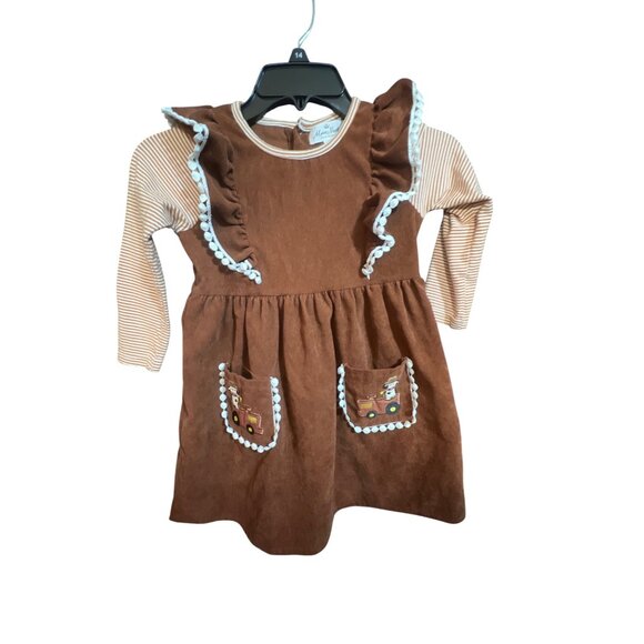 Brown Corduroy Toddler Dress 5 With Striped Sleeves & Tractor Pocket Design By M - Picture 1 of 4